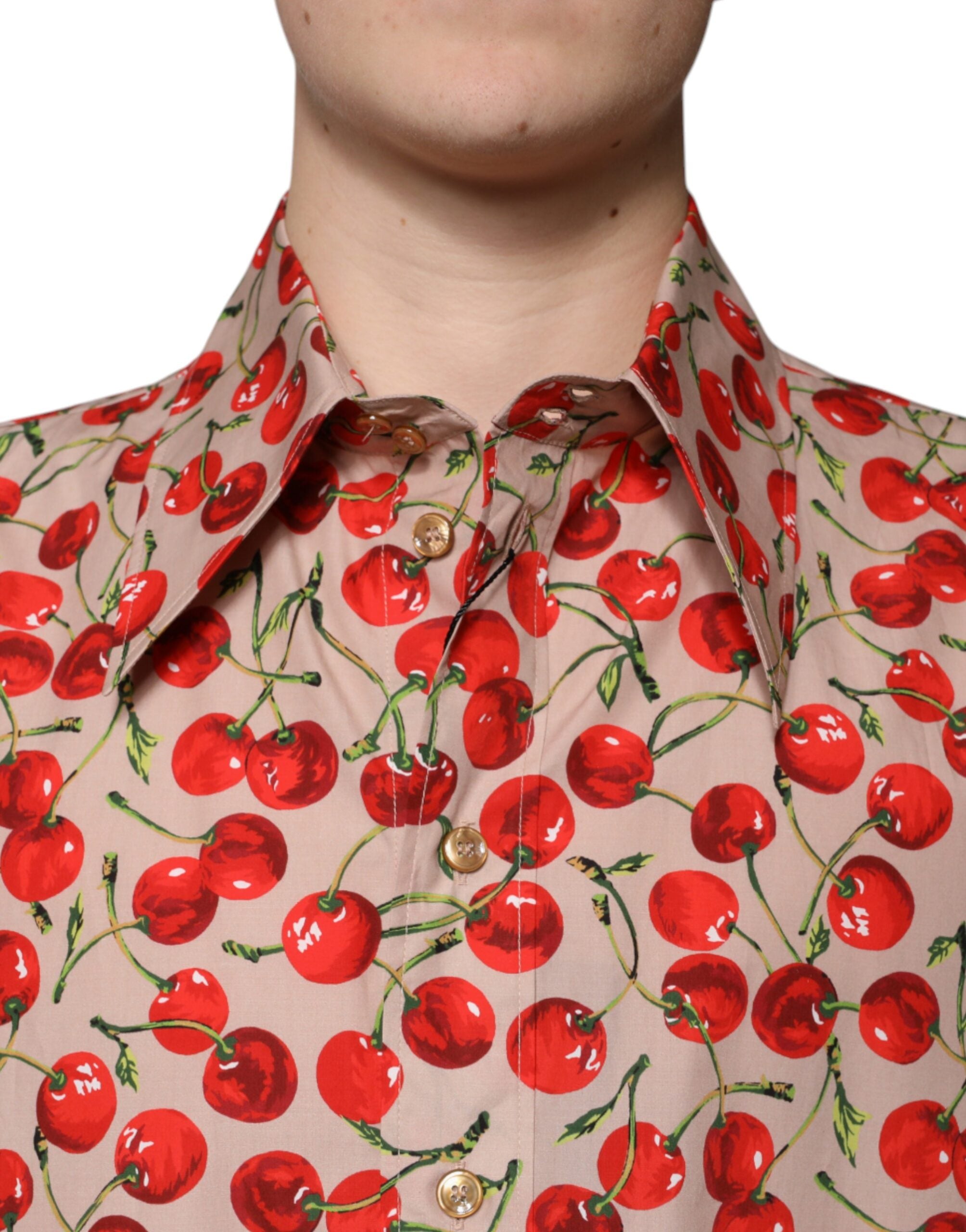 Dolce & Gabbana Beige Cherry Button Down Men's Casual Shirt